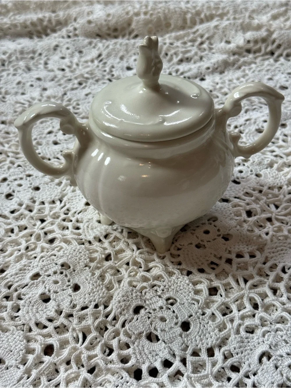 Vintage Cream Porcelain Sugar Bowl with Lid and Handles